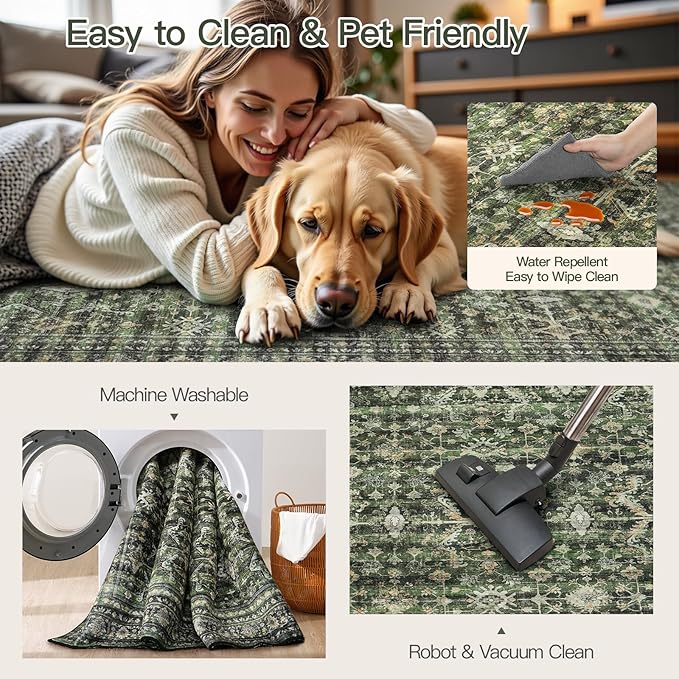 Lofus 10x14 Area Rug for Living Room,Green Washable Large Rugs with Non-Slip Backing,Soft Boho Carpets for Bedroom Dining Room Home Office Indoor Nursery