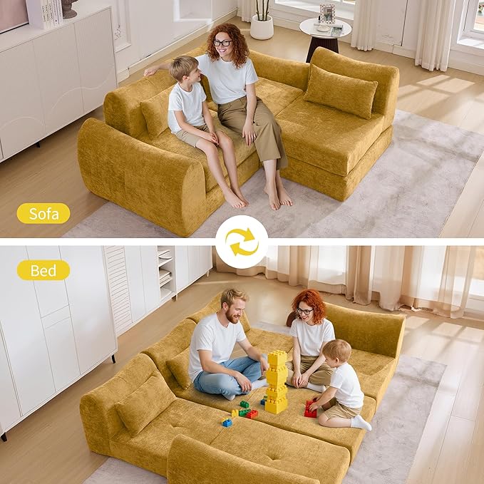 101.6" Modular Sectional Cloud Sofa,Floor Boneless Couch, 4-in-1 Folding Convertible Sofa Bed, Modular Cushion Couch,Suitable for Living Room,Bedroom and Recreation Room(Yellow)