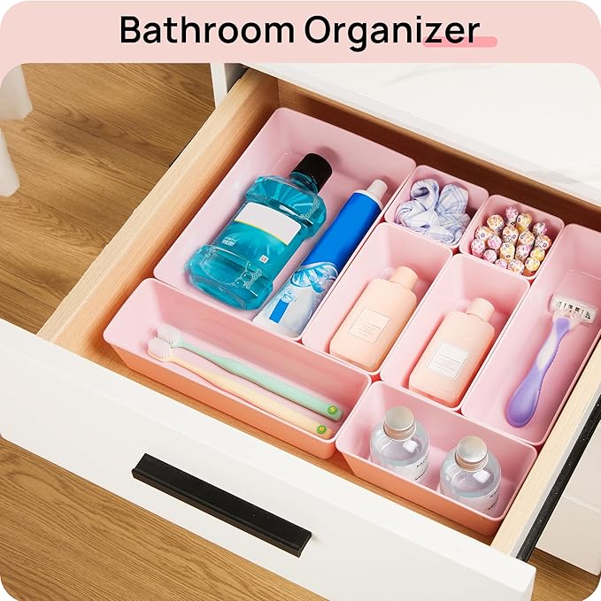 Vtopmart 25 PCS Plastic Drawer Organizers Set, 4-Size Versatile Bathroom and Vanity Drawer Organizer, Storage Bins for Makeup, Bedroom, Kitchen Gadgets Utensils and Office