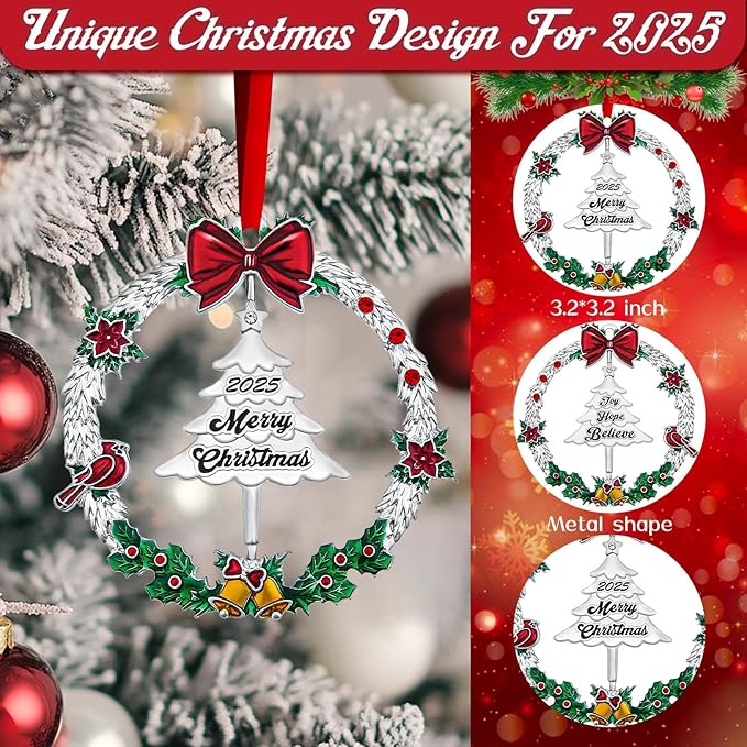 2025 Christmas Ornament,Metal Christmas Wreath Hanging Ornaments for Tree,with Rotatable Tree Dated 2025 Shiny Silver Ornaments Holiday Decorative Xmas Gifts for Family Friends