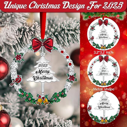 2025 Christmas Ornament,Metal Christmas Wreath Hanging Ornaments for Tree,with Rotatable Tree Dated 2025 Shiny Silver Ornaments Holiday Decorative Xmas Gifts for Family Friends