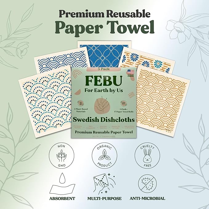 FEBU Swedish Dishcloths 5 Pack Japanese Reusable Washable Kitchen Dish Towels Tabletop Decor Japanese