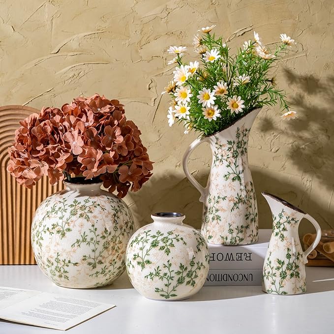 Green and Beige Pitcher Vase, Handcrafted Pastoral Ceramic Floral Vase, Vintage Farmhouse Flower Vase for Home Decor, Chinoiserie Tuscan Cottage Core Decor, Rustic Table Centerpiece 7.3 in