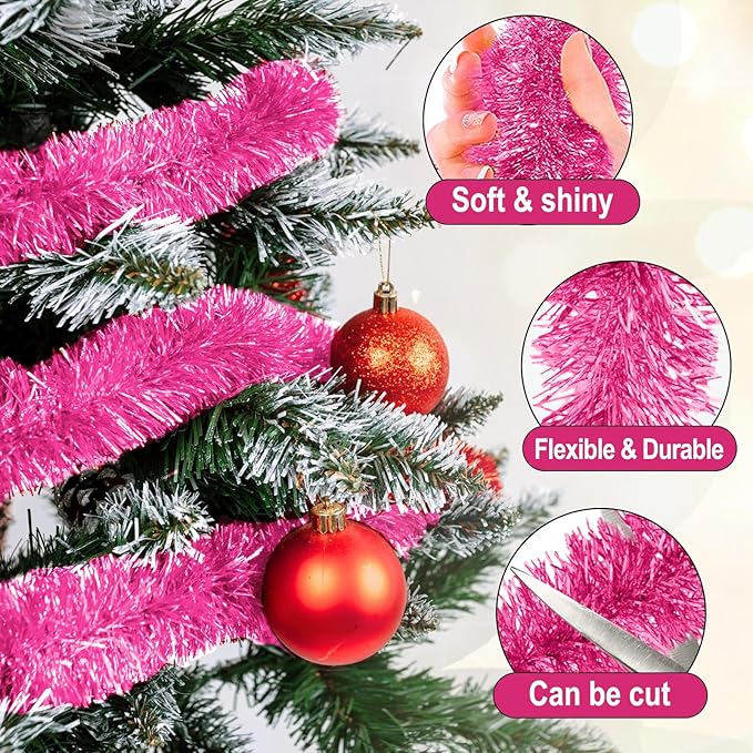 50 Feet Pink Christmas Tinsel Garland, Metallic Foil Twist Garland Wall Hanging Tinsel Banner Backdrop for Parade Floats, Easter, Mother's Day, Wedding Party Decorations (2in x 50ft)