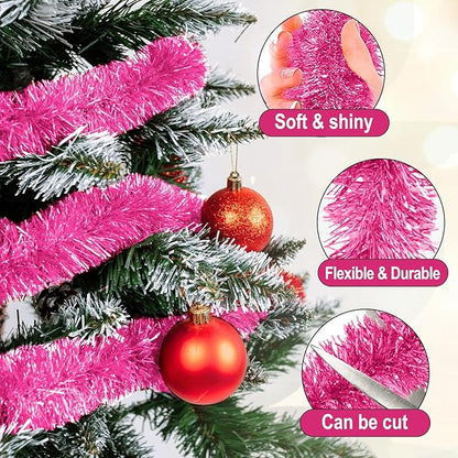 50 Feet Pink Christmas Tinsel Garland, Metallic Foil Twist Garland Wall Hanging Tinsel Banner Backdrop for Parade Floats, Easter, Mother's Day, Wedding Party Decorations (2in x 50ft)