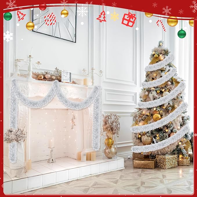 50ft Silver & White Christmas Tinsel Garland - Metallic Tinsel Glitter Twist Garland Hanging Streamers for Indoor/Outdoor Decor Xmas Tree Garlands Decorations