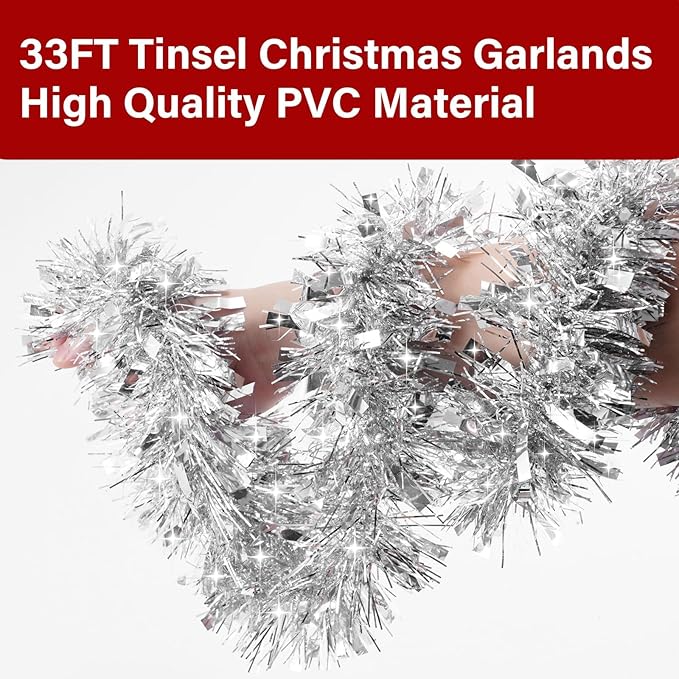 33FT Silver Tinsel Christmas Garland Metallic Twist Shiny Garland for Christmas Tree Decorations, Xmas Holiday Hanging Garland for Home Indoor Outdoor Party Supplies Decor