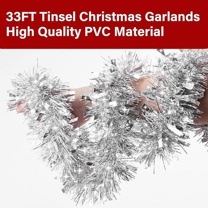 33FT Silver Tinsel Christmas Garland Metallic Twist Shiny Garland for Christmas Tree Decorations, Xmas Holiday Hanging Garland for Home Indoor Outdoor Party Supplies Decor