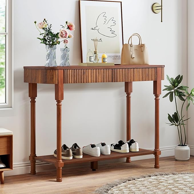 43.3'' Fluted Console Table for Entryway, Narrow Entryway Tables with 2 Wooden Drawers, Retro Sofa Table Behind Couch Accent Tables for Foyer, Living Room, Hallway (Walnut)