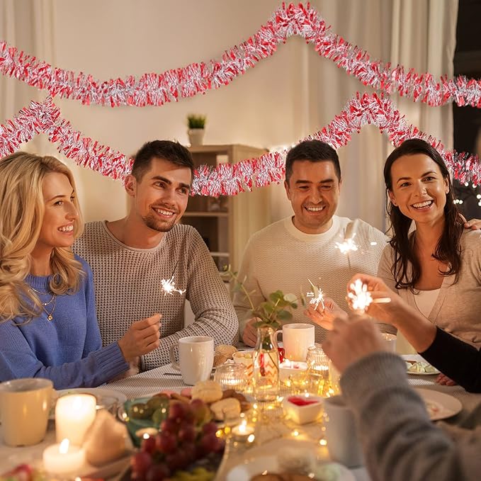 50 Feet Christmas Tinsel Garland Metallic Twist Garland Xmas Tree Decorations Wedding Birthday New Year Hanging Ornaments Party Supplies 3 Inch(Red, Silver, White)