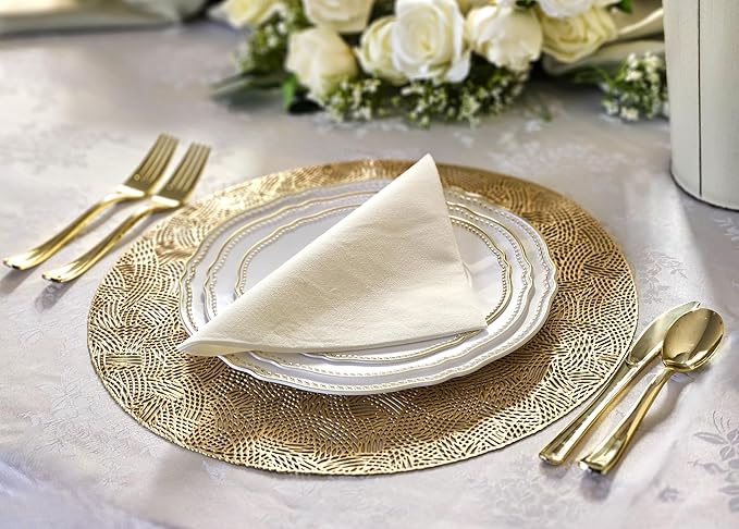 " OCCASIONS " 240 Plates Pack,(120 Guests) Heavyweight Premium Disposable Plastic Plates Set -120 x 10.25'' Dinner + 120 x 7.5'' Salad/Dessert (Rochelle White and Gold)