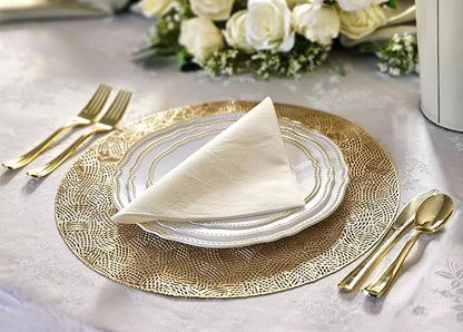 " OCCASIONS " 240 Plates Pack,(120 Guests) Heavyweight Premium Disposable Plastic Plates Set -120 x 10.25'' Dinner + 120 x 7.5'' Salad/Dessert (Rochelle White and Gold)