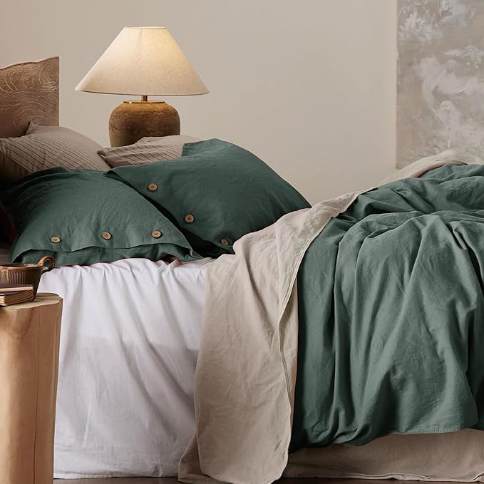 Bedsure Linen Duvet Cover Queen - Linen Cotton Blend Bedding Set, Soft & Cozy, 3 Pieces, 1 Duvet Cover 90x90 Inches and 2 Pillowcases, Dark Green Color Cooling Bedding, Comforter Sold Separately