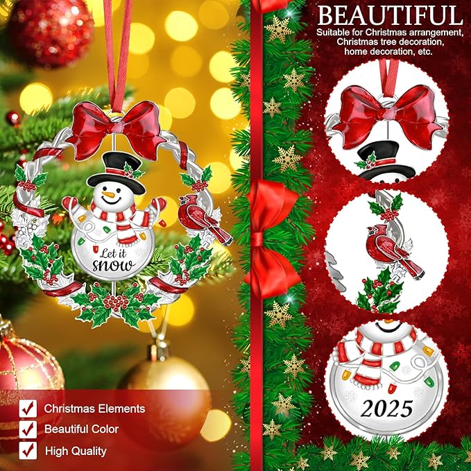 Christmas Ornament 2025 for Christmas Tree Decorations, Dated 2025 Christmas Wreath Ornament with Rotatable Snowman for Holiday Decorative Keepsake Gift(Metal,1 Pack)