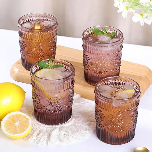 Vintage Glassware Drinking Glasses Set of 4-10.5 oz Purple Glasses Water Tumbler, Embossed Glassware Cups for Juice, Beer, Cocktail, Whiskey, Various Mixed Drinks