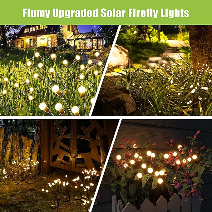 Flumy Solar Garden Lights Outdoor - 4 Pack 32 LED Firefly Lights Waterproof, Garden Decorations for Yard Patio Pathway Lawn Outside, Unique Gifts for Grandma Women, Solar Decor Warm White