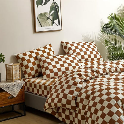 Pureant Pumpkin White Plaid Comforter Set Queen Brown and White Checkered Bedding Comforter Soft Women Girls Brown Checkerboard Grid Quilts Queen Size Boho Pumpkin Buffalo Plaid Comforter Geomertic