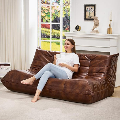Hobestluk Bean Bag Chair Giant Bean Bag Sofa 3 Seater Bean Bag Chairs for Adults, Loveseat Floor Chair, Leather Bean Bag Chairs for Living Room Bedroom Office (Brown, 3-Seater)