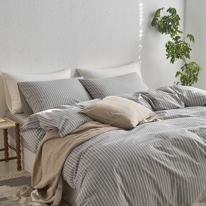 MooMee Striped Duvet Cover Set 100% Washed Cotton Linen Like Textured Breathable Durable Soft Comfy (Light Grey White Wide Stripes, Queen 90"x90")