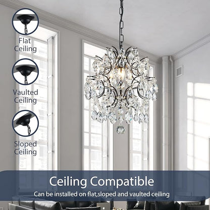 Bestier Black Modern Pendant Chandelier Crystal Raindrop Lighting Ceiling Light Fixture Lamp for Dining Room Bathroom Bedroom Livingroom entryway 1 E26 Bulbs Required D13 in x H16 in