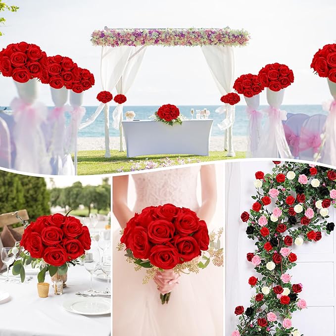 Nubry 50pcs Artificial Silk Roses Bulk,Fake Roses Flower with Stems Realistic Flowers for Wedding Centerpiece Home Party Decor(Red)