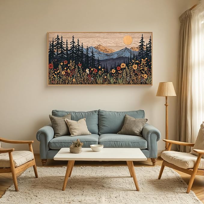 HOURIA Natural Mountain Floral Framed Canvas Wall Art,Modern Sunrise Forest Wall Decor,Boho Wildflower Woodland Landscape Artwork,Wilderness Pine Tree Field Art Print for Living Room,Office-20 x40 x1
