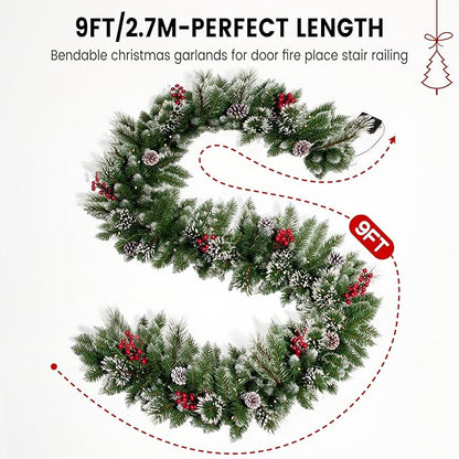 Guirnalda de Navidad de 9 pies con luz, Christmas conos de pino/bayas y luces LED multicolor preiluminadas (con control remoto), guirnalda de Navidad para chimenea, escaleras, puerta delantera