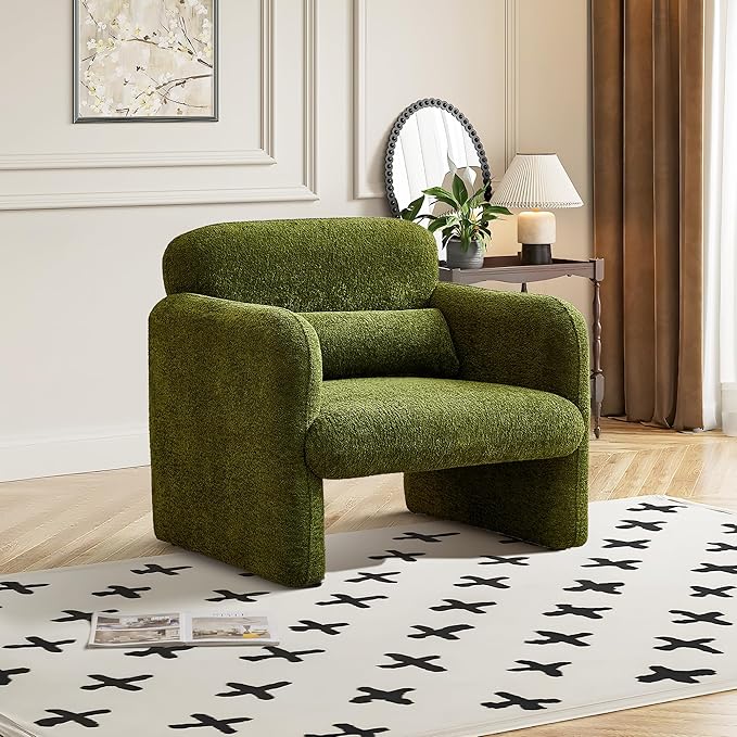 33.86" Accent Chairs, Modern Upgrade Sherpa Fabric Arm Chair Comfy Upholstered Armchair Leisure Single Sofa Chair with a Waist Pillow for Bedroom, Office and Living Room