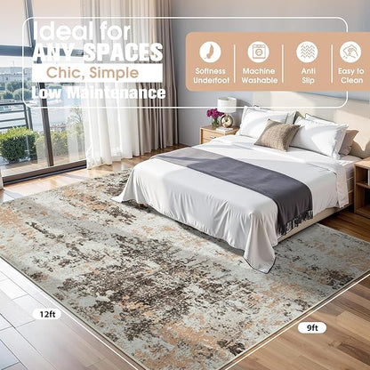9x12 Area Rugs for Living Room Rug Washable: Abstract Large Rug for Dining Room Bedroom Carpet Non Slip 9 by 12 Indoor Modern Nursery Home Office Brown Beige