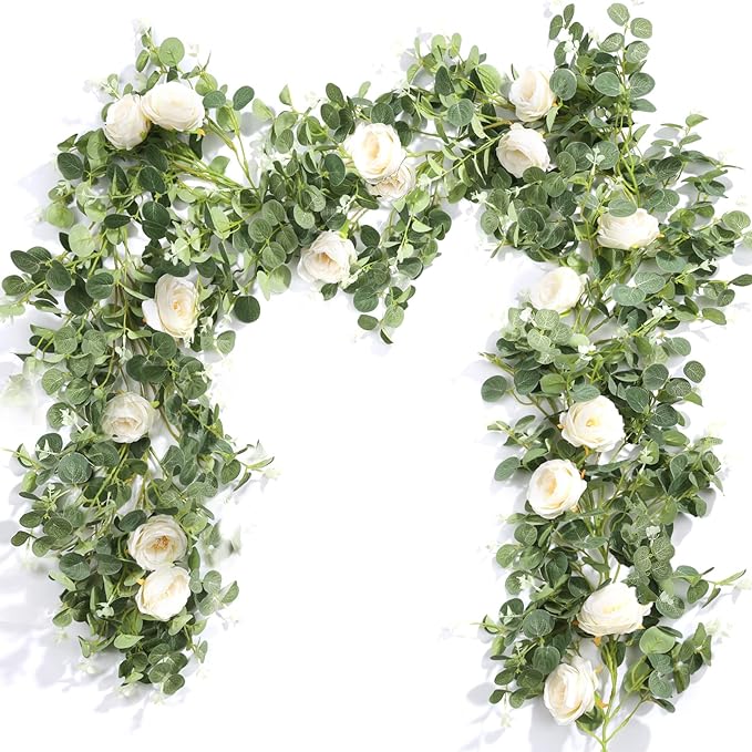 Der Rose 4 Pcs 13Ft Artificial Eucalyptus Flower Garland with Fake Silk Rose Flower Vine Seeded Eucalyptus Leaves Greenery Garland for Wedding Arch Table Wall Backdrop Party Room Decor (Champagne)