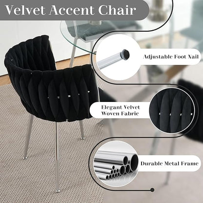 5 Pieces Round Glass Dining Table Set, 47'' Modern Luxury Circle Kitchen Set for 4, Clear Minimalist Circular Dinner Set with Black Woven Chairs Set, for Large Apartment Bedroom (Silver)