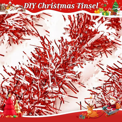 50Ft Christmas Red and Snowflake Tinsel Garland Metallic Twist Shiny Garland for Xmas Christmas Tree Ceiling Hanging Decorations Holiday Wedding Home Party Supplies Indoor Outdoor Decor