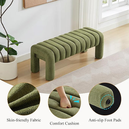 43’’ End of Bed Bench, Modern Boucle Entryway Bench, Upholstered Ottoman Stool with Full Coverage Fabrics, Ottoman for Bedroom, Living Room, Dining Room, Green