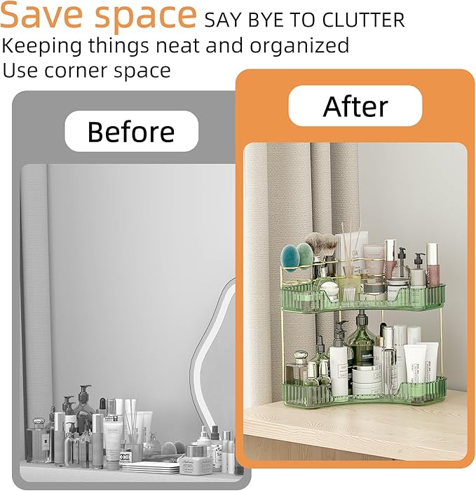2 Tier Corner Bathroom Organizer Countertop, Vanity Makeup Organizer with Brush Holder, Space-Saving Skincare Storage Corner Shelf for Bathroom, Kitchen