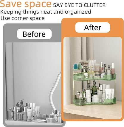 2 Tier Corner Bathroom Organizer Countertop, Vanity Makeup Organizer with Brush Holder, Space-Saving Skincare Storage Corner Shelf for Bathroom, Kitchen