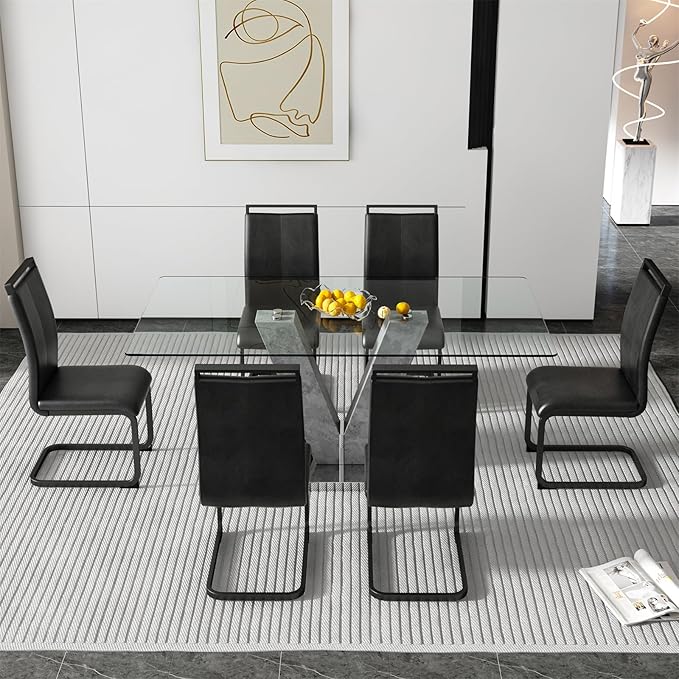 71" Glass Dining Table Set for 6, Kitchen Table and 6 PU Leather Chairs, Dining Table Set Ideal for Living Room