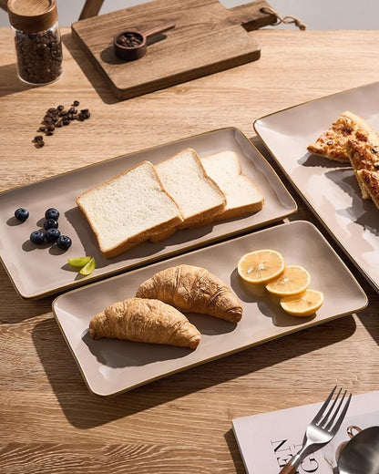 famiware Serving Platter, Rectangular 15.67/14.1/12.6 inch Serving Dishes for Entertaining, Microwave Dishwasher Safe, Stonware for Party, Turkey, Cheese, Ocean Series, Cinnamon Brown
