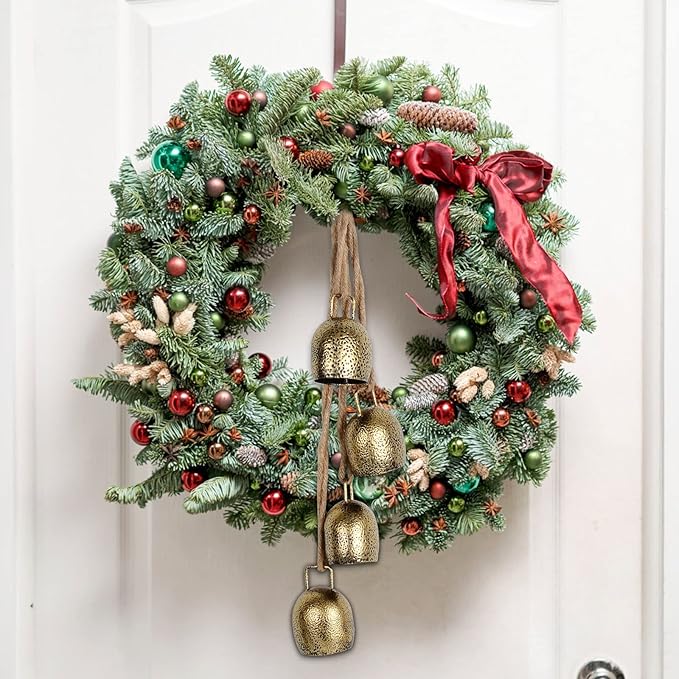 Styleonme Decorative Bells, Christmas Decor, Huangma Hanging Rope Metal Decorative Bull Bells, 4 * 2 Piece Set of Harmonious Bells, Vintage Handmade Rustic Lucky Christmas Bells