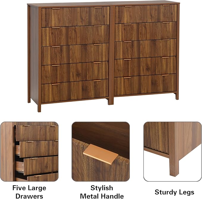 5 Drawer Double Dresser for Bedroom, Modern Wide Chest of Drawers with Fluted Panel Design,Wood Storage Dressers Chest of Drawers for Bedroom Living Room Hallway Closet,Walnut,2 Sets