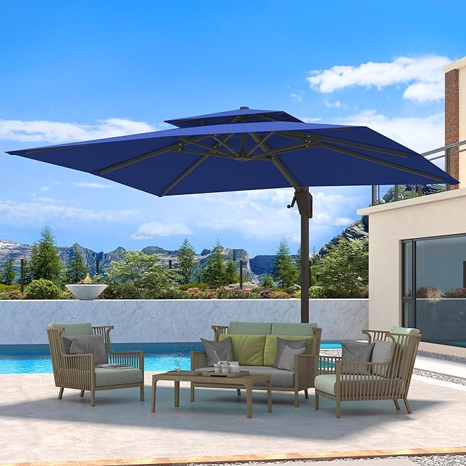 10 X 13 FT Cantilever Patio Umbrella Outdoor Heavy Duty Double Top Windproof Rectangle Offset Umbrellas with 360-degree Rotation for Pool Deck Backyard, Navy