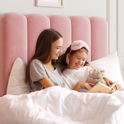 GarveeHome 2 Sets Twin Bed Frame with Under-Bed Drawer, Upholstered Platform Bed with Wave Headboard for Kids/Girls, Wooden Slats Support, No Box Spring Needed, Velvet Pink