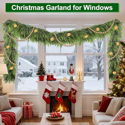 9Ft by 10 Inch Christmas Norfolk Pine Garland,Real Touch Garlands with Norfolk Pine&Cedar Branches,Realistic Soft Thick Artificial Greenery Garland for Mantle Fireplace Stair Outdoor Indoor Decortions