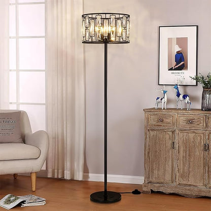 Wellmet Black Crystal Floor Lamp for Living Room, 4 Lights Modern Crystal Standing Lamp, Tall Elegant Floor Lamp with Foot Switch for Office, Reading Room, Bedroom, Dining Room, Entryway(E12 Base)