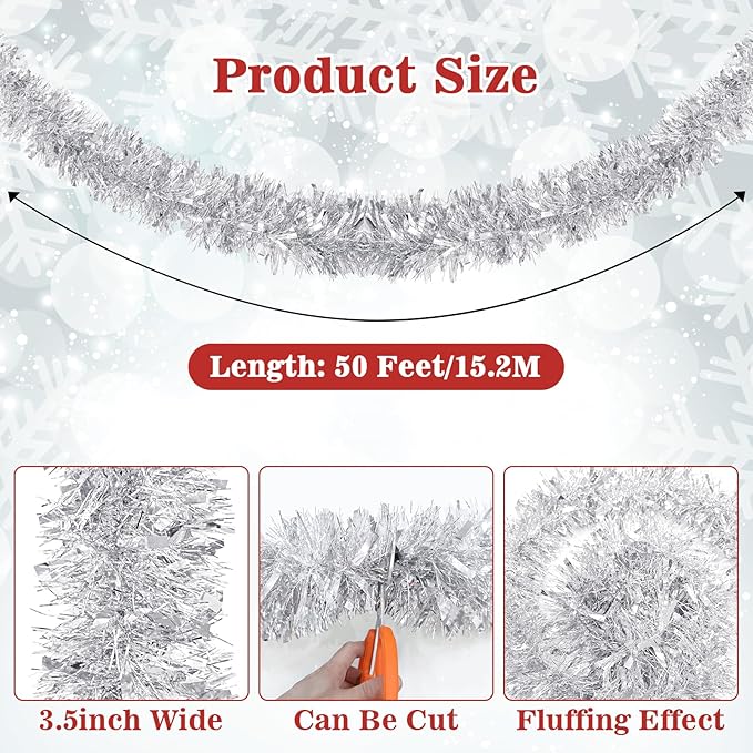 50 Feet Christmas Tinsel Garland Metallic Twist Shiny Garland for Xmas Christmas Tree Decorations,Holiday Home Party Supplies Indoor Outdoor Decor (Silver)