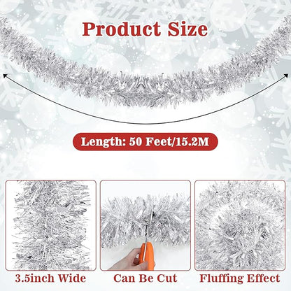 50 Feet Christmas Tinsel Garland Metallic Twist Shiny Garland for Xmas Christmas Tree Decorations,Holiday Home Party Supplies Indoor Outdoor Decor (Silver)
