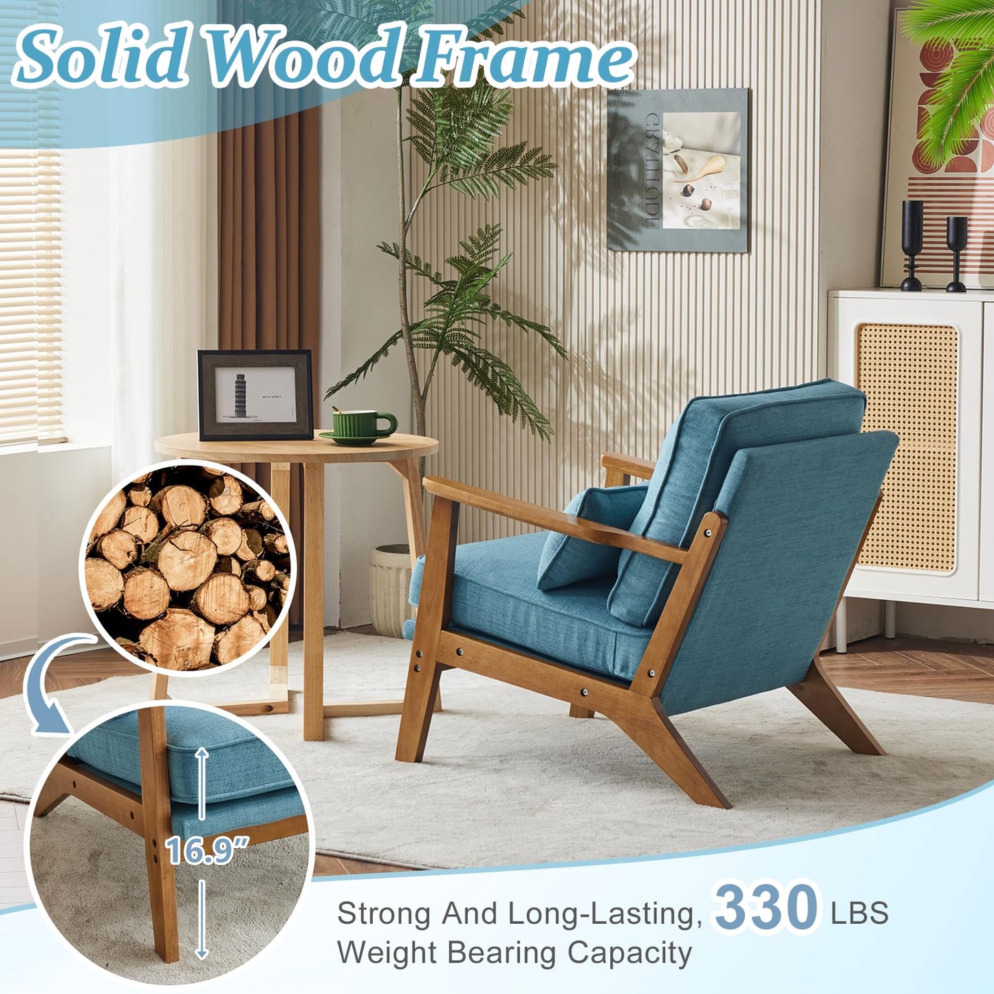 VINGLI Solid Wood Wide Armrests Accent Chair,Upholstered Mid Century Modern Chair with Pillow,Comfy Reading Chair Farmhouse Arm Chair,Chairs Living Room,Bedroom,Guest Room,Teddy Fleece,Khaki