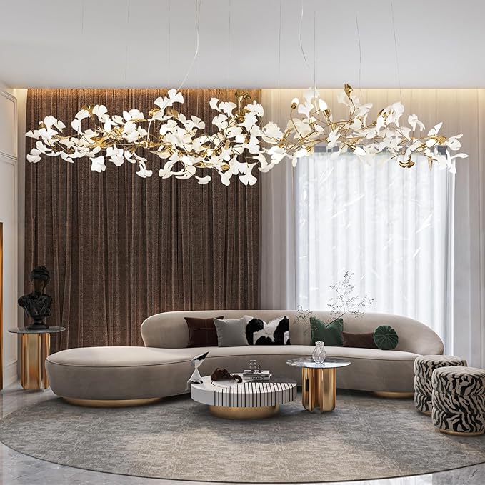 L98.42 Large Modern Chandelier for Entryway, 20-Light Gold Tree Branch Chandeliers, Luxury Ceramic Ginkgo Ceiling Light Fixtures, Hanging Brass Chandelier for Dining Room, Living Room