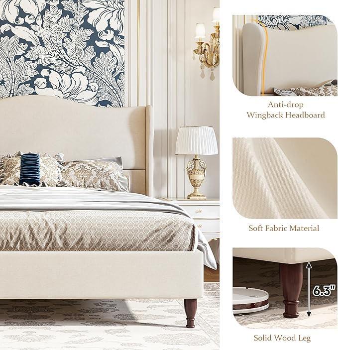 King Size Bed Frame Upholstered Platform Bed with 51" Tall Headboard Wingback, Soft Fabric, Retro Simple Style Platform Bed No Box Spring Needed, Easy Assembly, Beige