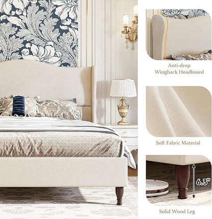 King Size Bed Frame Upholstered Platform Bed with 51" Tall Headboard Wingback, Soft Fabric, Retro Simple Style Platform Bed No Box Spring Needed, Easy Assembly, Beige