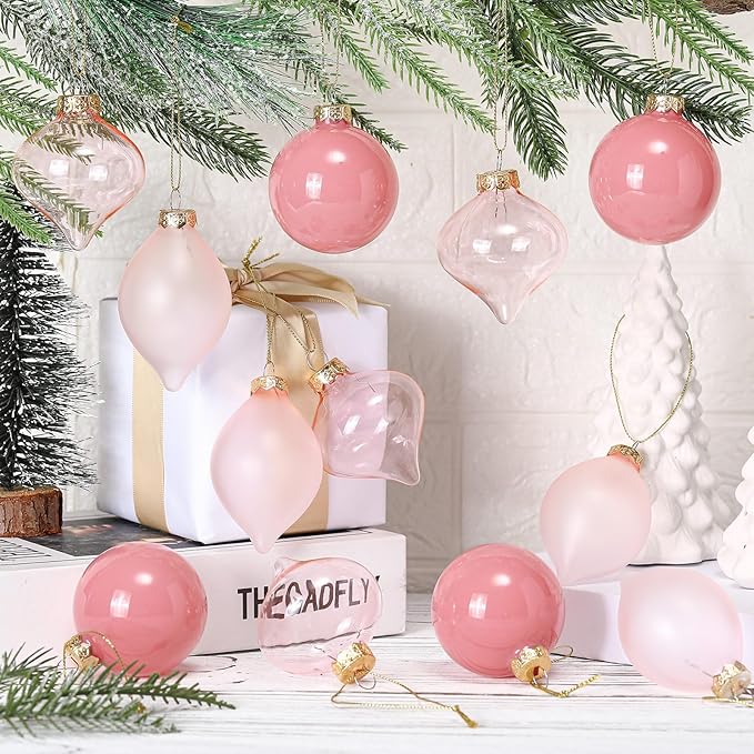 Zomiboo 12 Pcs Vintage Rose Glass Christmas Ball Ornaments Set 3.15" Hanging Shatterproof Glass Bulbs for Christmas Tree Baubles Bulk for Holiday Xmas Tree Decorations Gifts